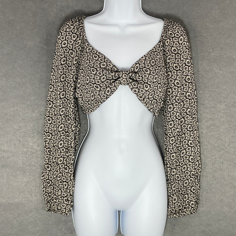 American Eagle Top Womens Sz M Floral Smocked Boho Tie Front‎ Cropped Festival